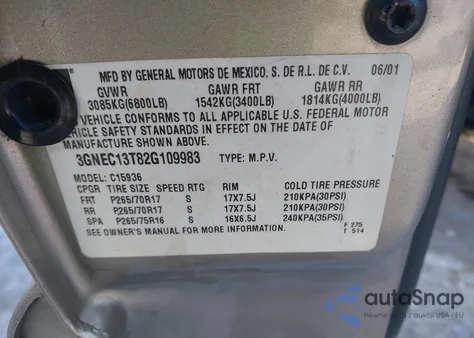 2002 Chevrolet Avalanche 1500 from USA, damaged, VIN 3GNEC13T82G109983